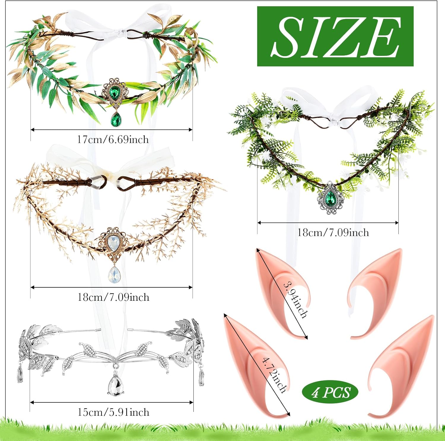 Landical 6 Sets of Halloween Elves Cosplay Set Woodland Elf Flower Crown Elf Ears Cuffs Fairy Flower Headband Elf Ears Forest Leaf Circlet Elven Wreath for Women Renaissance Cosplay Wedding Party