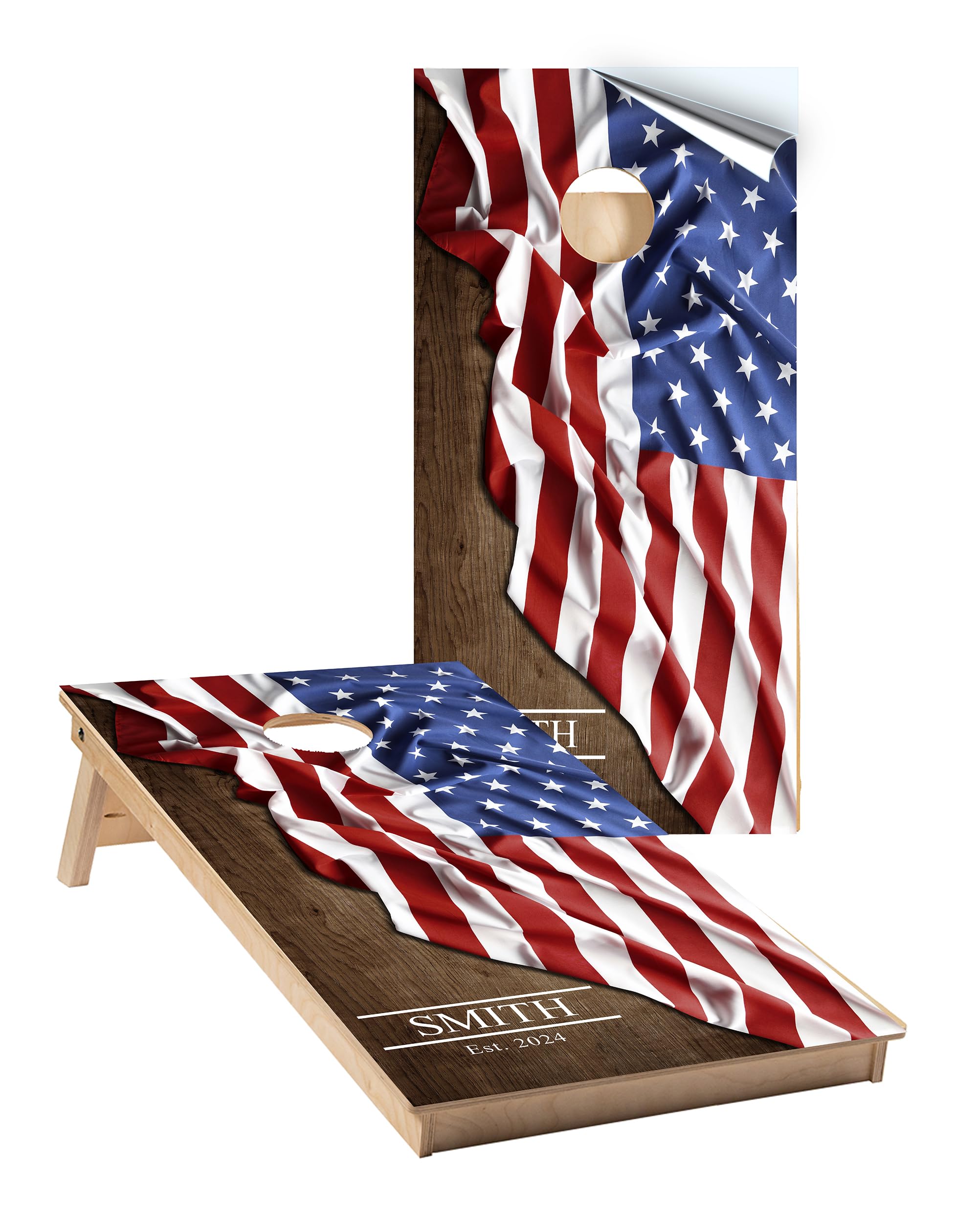 Cornhole Wraps #743 Family Name Flag - Personalized Cornhole Graphic Decals - Includes Application Squeegee - Set of (2) 25