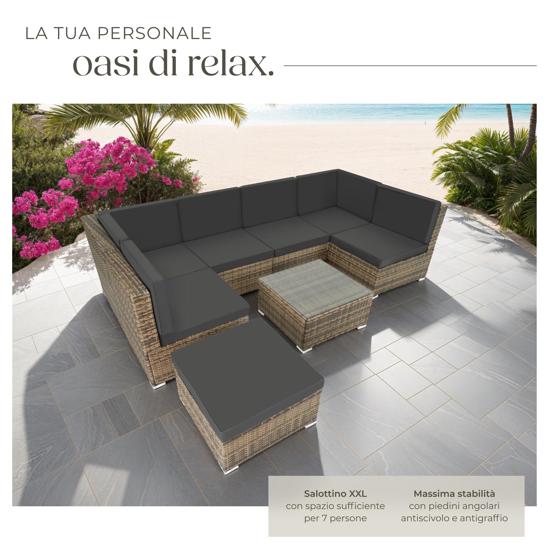 Tectake Set di Salottino in Rattan Venezia 6 Sedili 1 Sgabello 1 Tavolino Resistente alle Intemperie Viti in Acciaio Inox Giardino Esterno