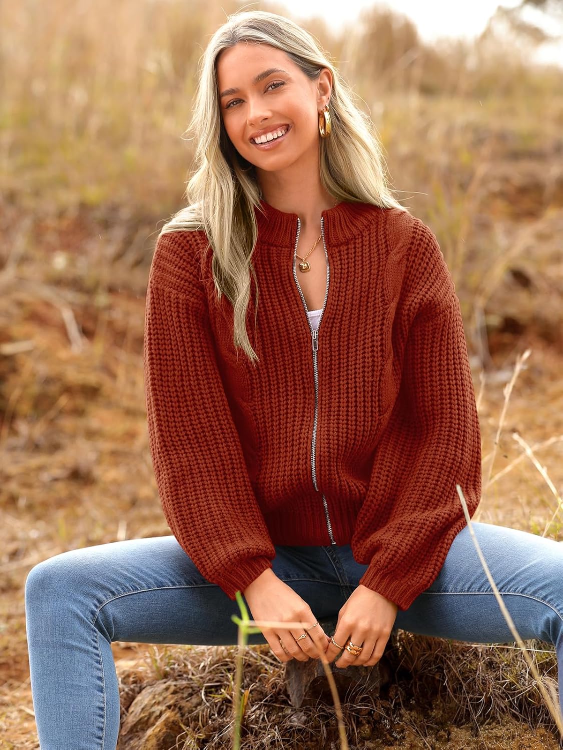 PRETTYGARDEN Women's Chunky Knit Open Front Sweater Long Sleeve Zipper Loose Short Cardigan Outerwear Coats - Image 8