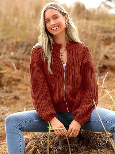 Miniatura 8 de PRETTYGARDEN Suéter de punto grueso con frente abierto para mujer, manga larga, con cremallera, suelto, corto, abrigo, abrigos