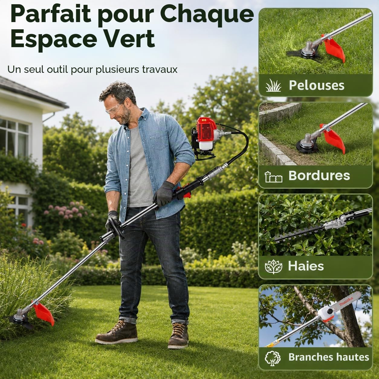 Débroussailleuse à Essence 4 en 1 52 cc 2 Temps Sac à Dos Rouge Puissance Débroussailleuse Coupe-Bordure/Taille-Haie
