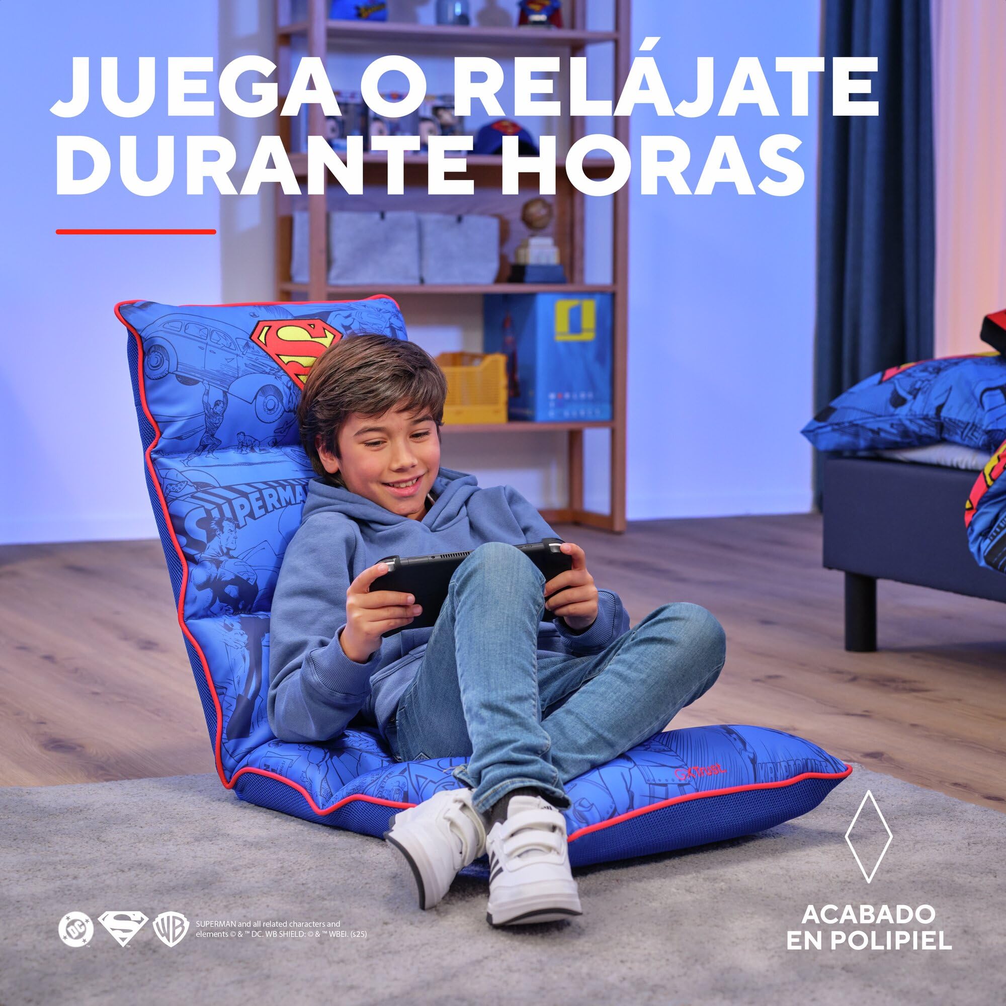 GXTrust 718SM Rayzee Silla Gaming Plegable con Licencia Superman, Cojin de Suelo para Consolas, Respaldo Ajustable, Peso de hasta 125 kg, Silla Gamer para Niño Juegos Lectura Relax TV, Azul