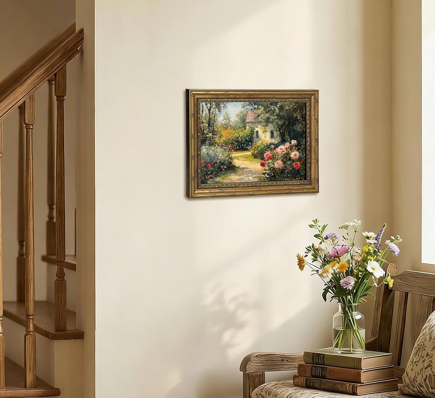 Gold Framed Vintage Rose Garden Canvas Wall Art English Cottage Floral Landscape Painting Picture Wall Decor Nature Rustic Farmhouse Poster Print Artwork for Living Room Bedroom Dorm Bathroom 12x16in