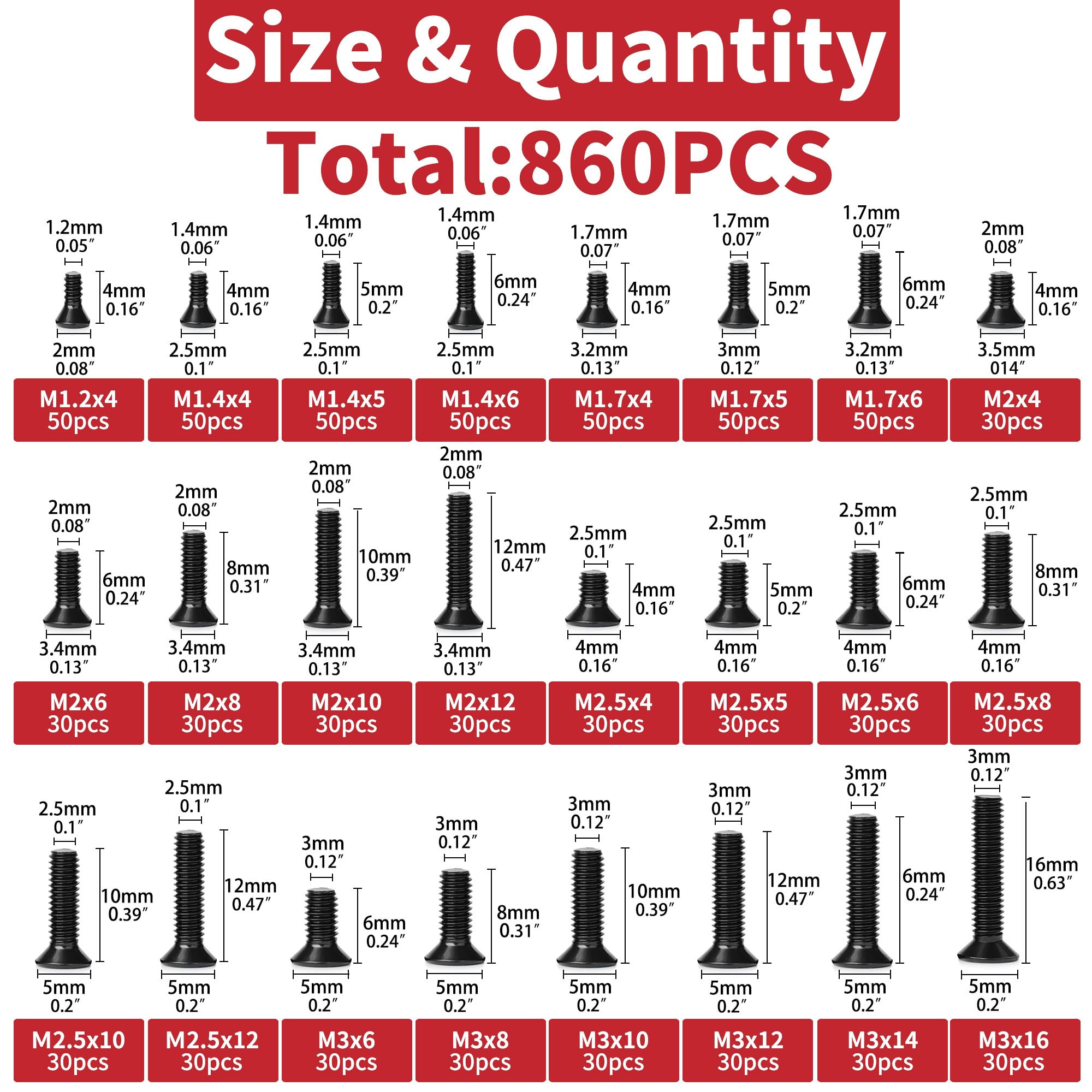 SAHHIVRM 860 PCS Small Computer Screws Assortment Kit, Black Tiny Eyeglass Screws M1.2 M1.4 M1.7 M2 M2.5 M3, PC & Laptop SSD Hard Drive CPU Cooler Screw, M.2 Electronic Screw Set