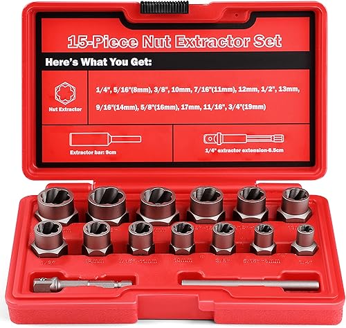 Miniatura 1 de UYECOVE Juego de 15 extractores de pernos juego de extractor de pernos rotos para quitar tuercas de llanta dañadas congeladas oxidadas redondeadas