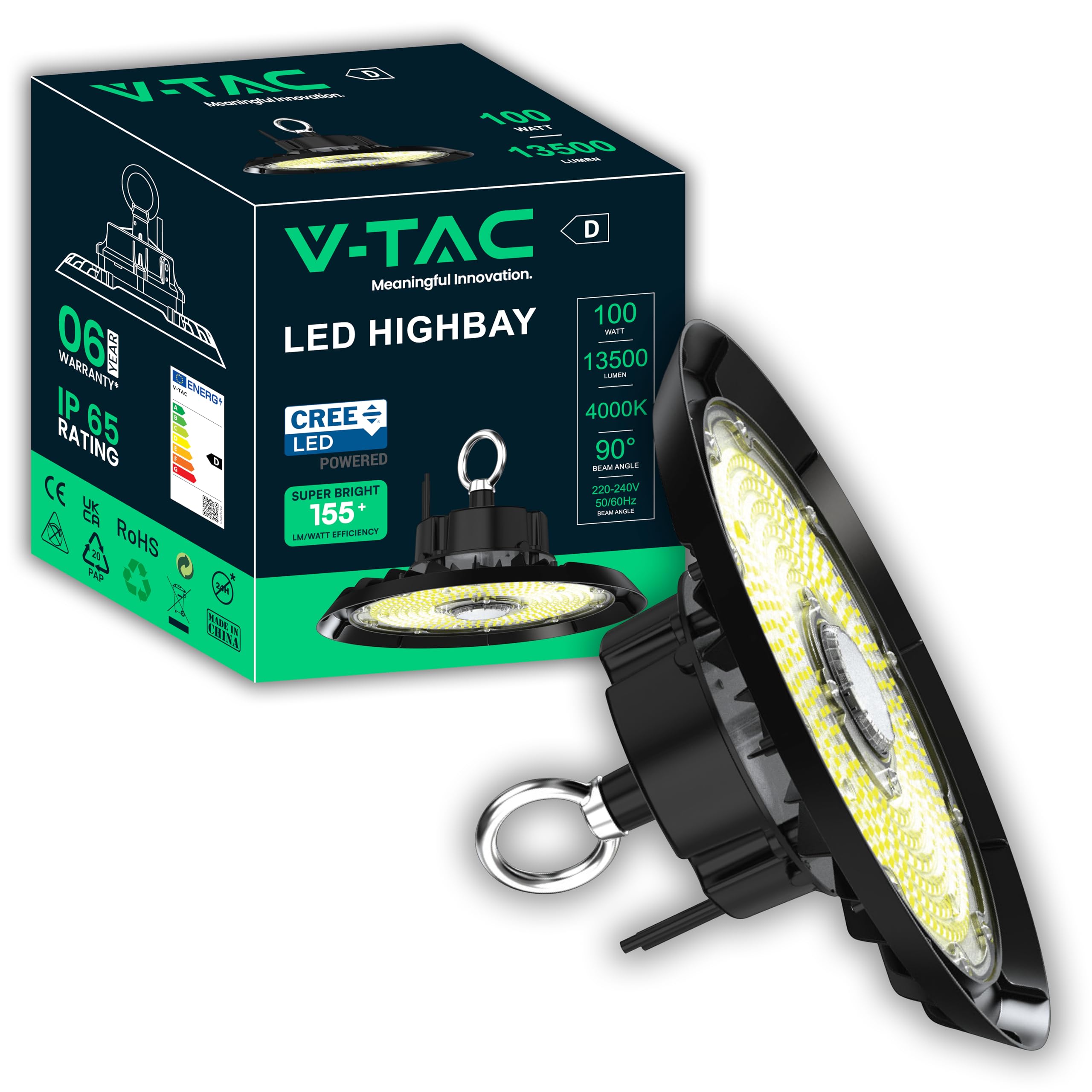 V-TAC Faro Industriale Led UFO potenza 100W - [CHIP CREE LED - RISPARMIO ENERGETICO ] - Lampada Industriale 13500 lm per Magazzino, Fabbrica, Officina - IP65 - Campana - Luce Naturale 4000K
