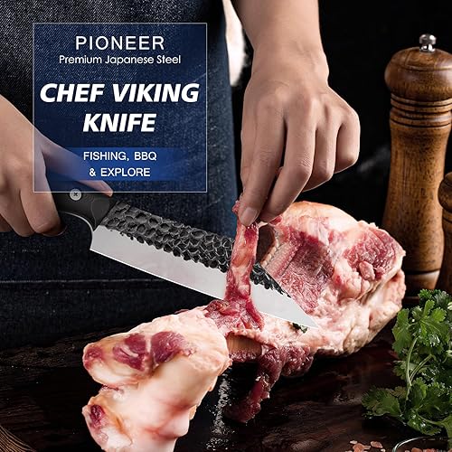 Miniatura 7 de FINTISO Cuchillo de chef de 7 pulgadas, cuchillo de cocina de estilo japonés para cortar carne, cuchillo vikingo afilado con mango G10 de espiga