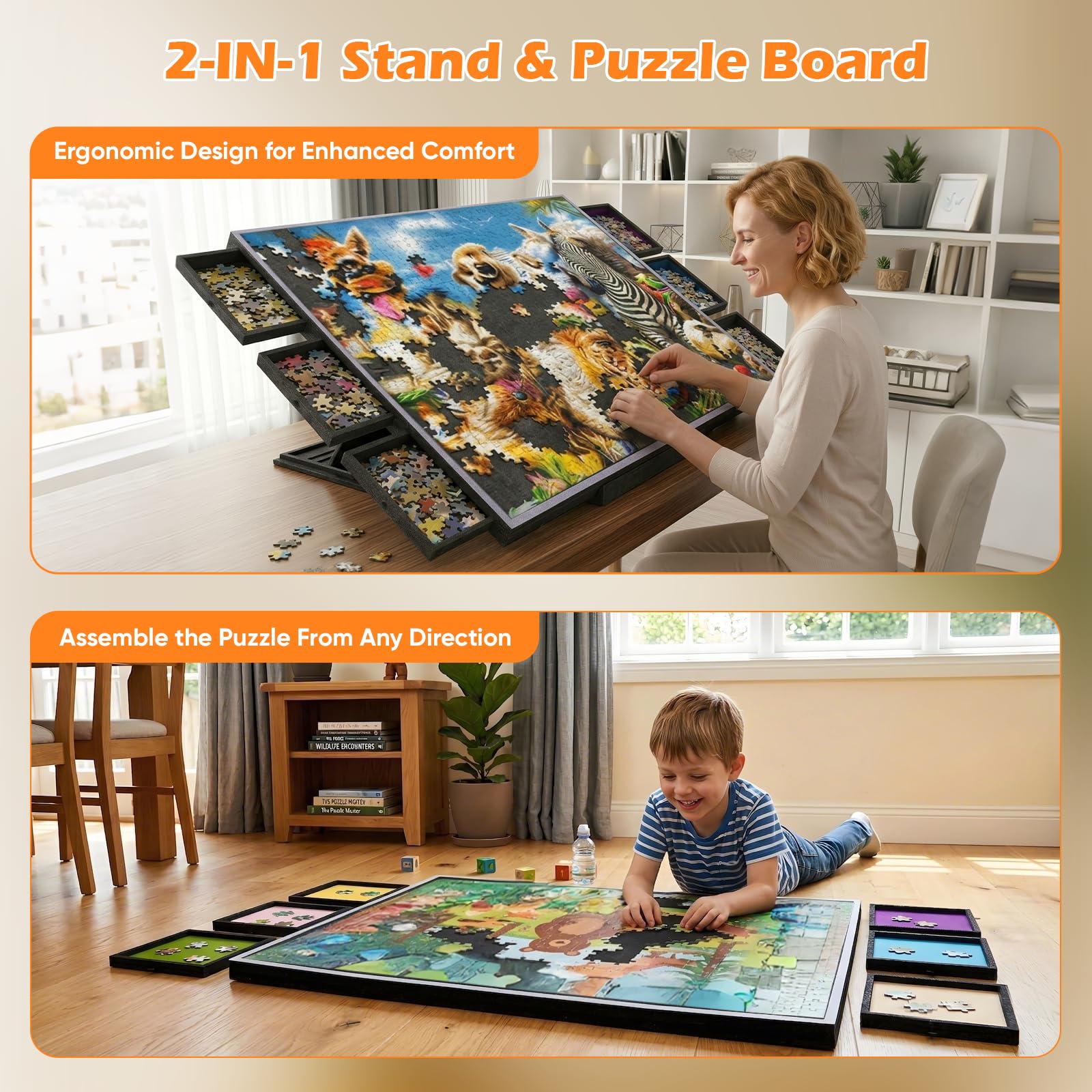 Planche Puzzle Pliable 2 en 1 avec 5 Angles d'inclinaison réglables, Table Puzzle en Feutre de 2000 pièces, 6 tiroirs Amovibles et Housse de Protection, Portable, inclinable