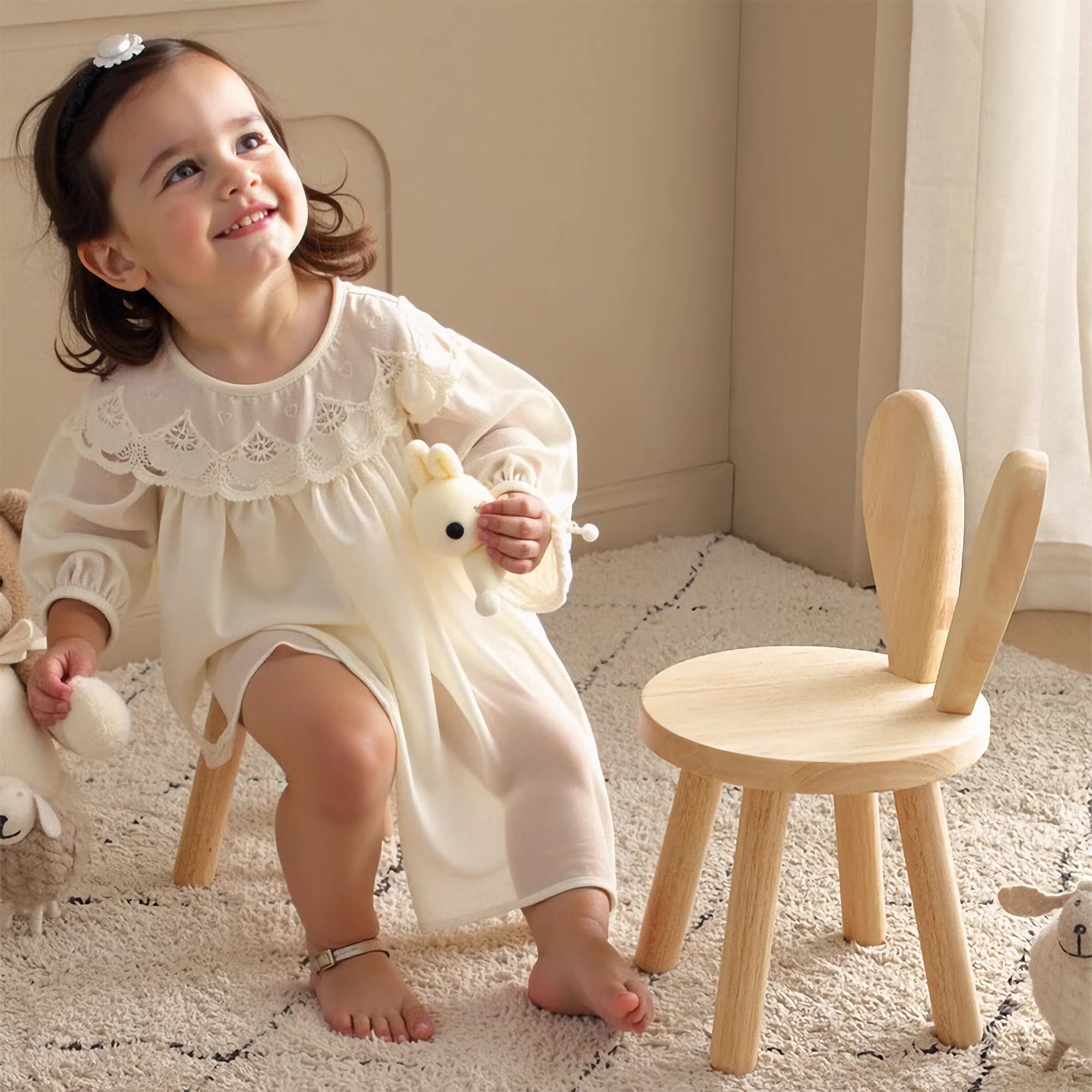 Silla de conejo de madera maciza, bonita silla multifuncional de madera de goma resistente para sala de estar, dormitorio, sala de juegos, fácil montaje, diseño cómodo y seguro (sin pelo,