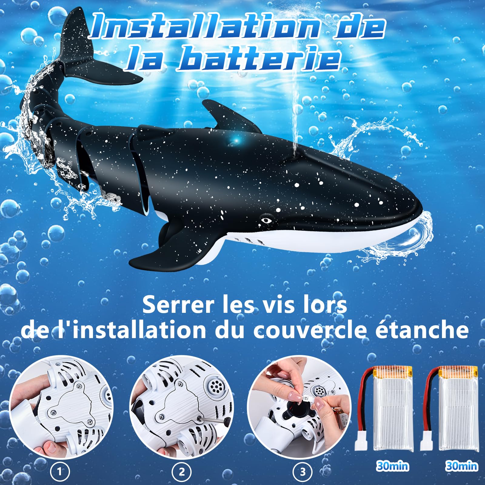IEEILULU Baleine Télécommandée 2.4 GHz USB, Jouet RC Piscine Lac - Cadeau Garçons Filles 6+