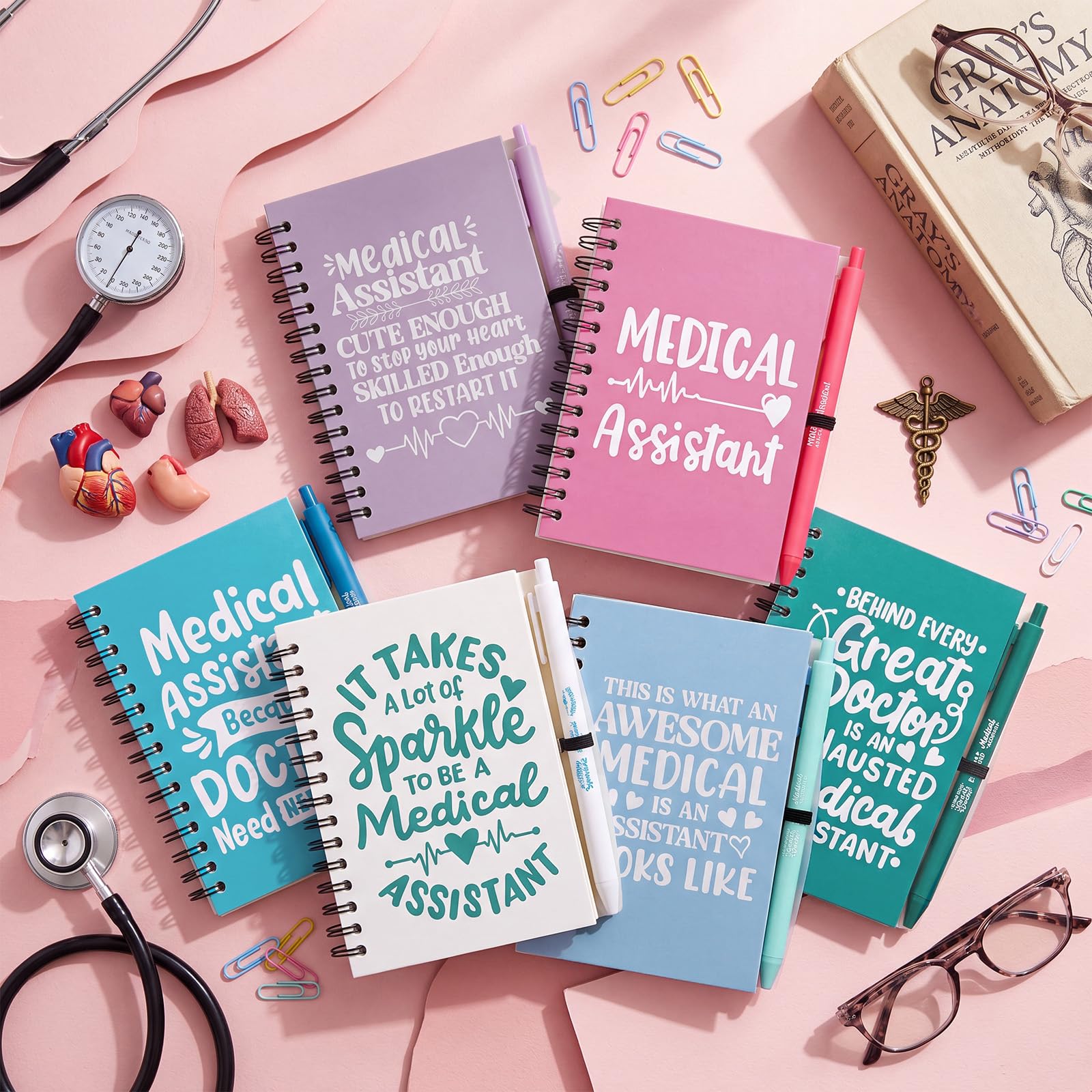 Vesici Lot de 12 carnets à spirales multicolores en papier kraft avec notes adhésives pour infirmières, collègues, personnel médical, fournitures de bureau