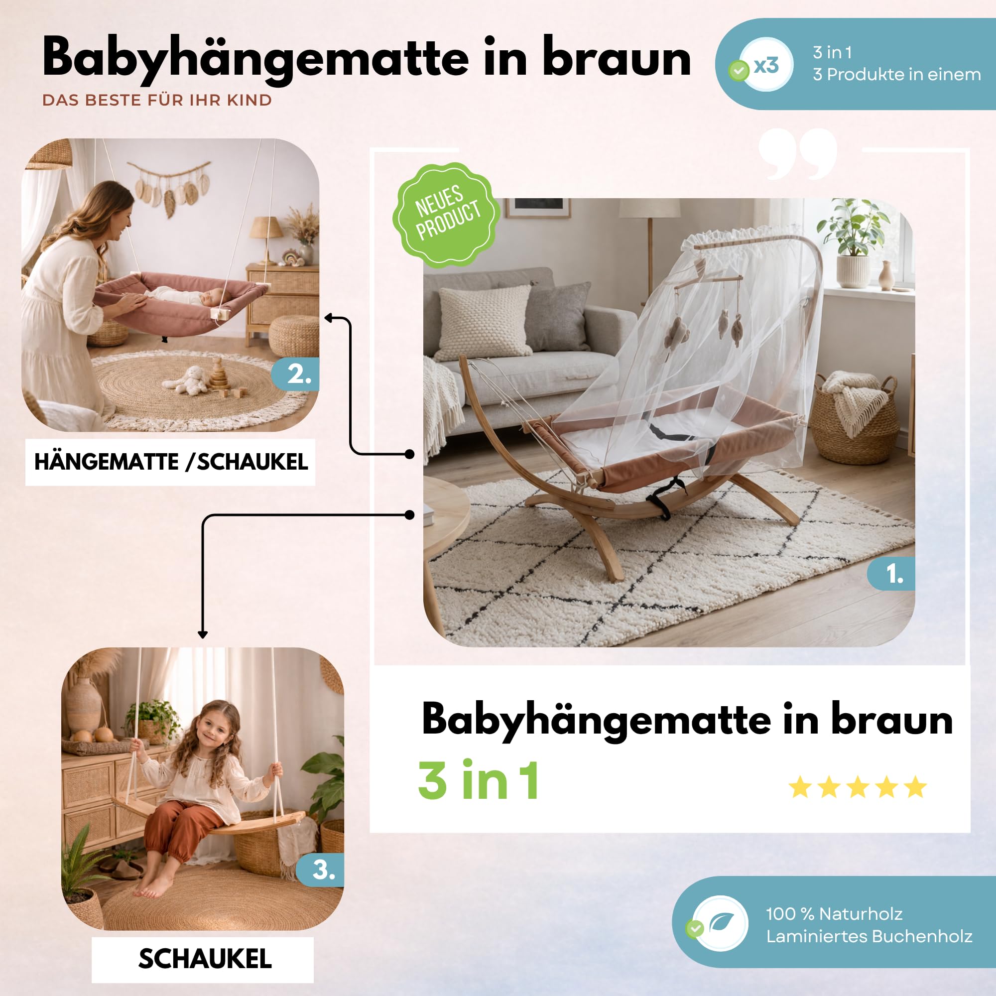 Hamac chaise longue suspendue ergonomique avec structure en bois, confortable, portable, design moderne pour intérieur et balcon