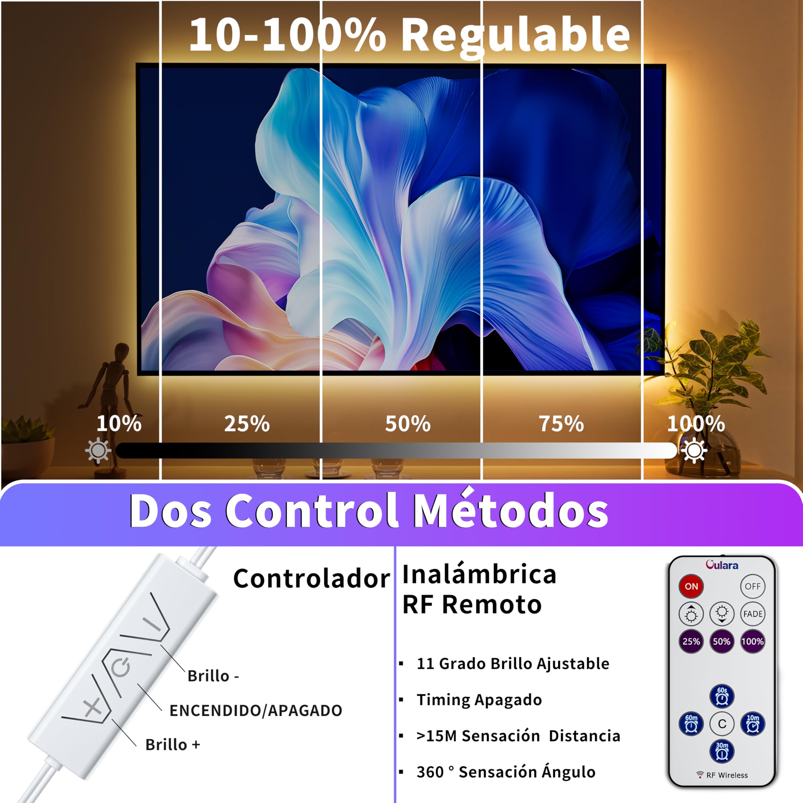 OULARA Tira LED COB 10M blanco cálido 2700K,Regulable 24V LED tira luces con RF Remoto y Alimentación,CRI90+ Flexible led Strip light para decoración del hogar,Función de Temporizador