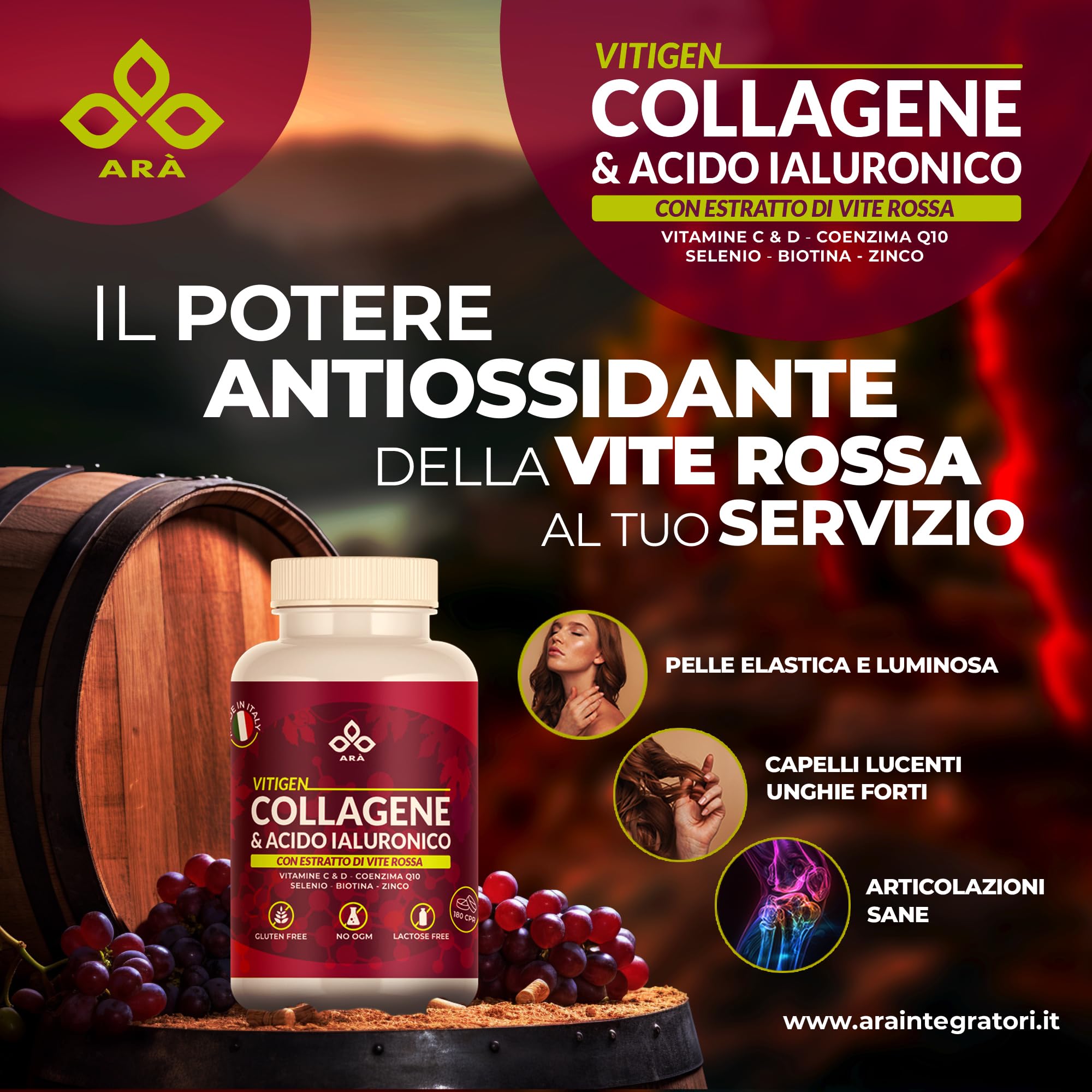 Collagene e Acido Ialuronico ARÀ®, 2400mg Collagene Idrolizzato, 210mg Acido Ialuronico,180 CPR con Vite Rossa, Vitamina C e D, Coenzima Q10, Selenio e Biotina-VITIGEN