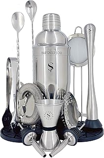 Shaker - 750 ml e 0,8 mm - più 12 pezzi per cocktail professionali - 3 filtri di densità, jigger, cucchiai, pestello, versatori, pinze per ingredienti, sottobicchieri in silicone e ricette