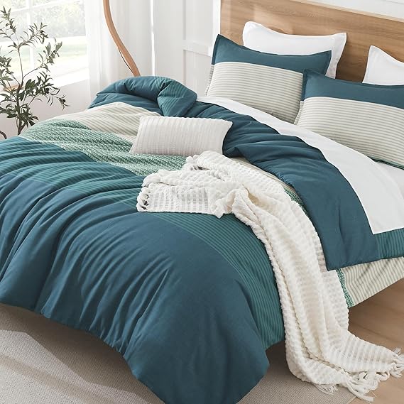 Litanika Comforter Set Twin/Twin XL Dark Teal - 2 Pieces Lightweight Colorblock Stripe Fluffy Bedding Comforter Sets, All Season Bed Set