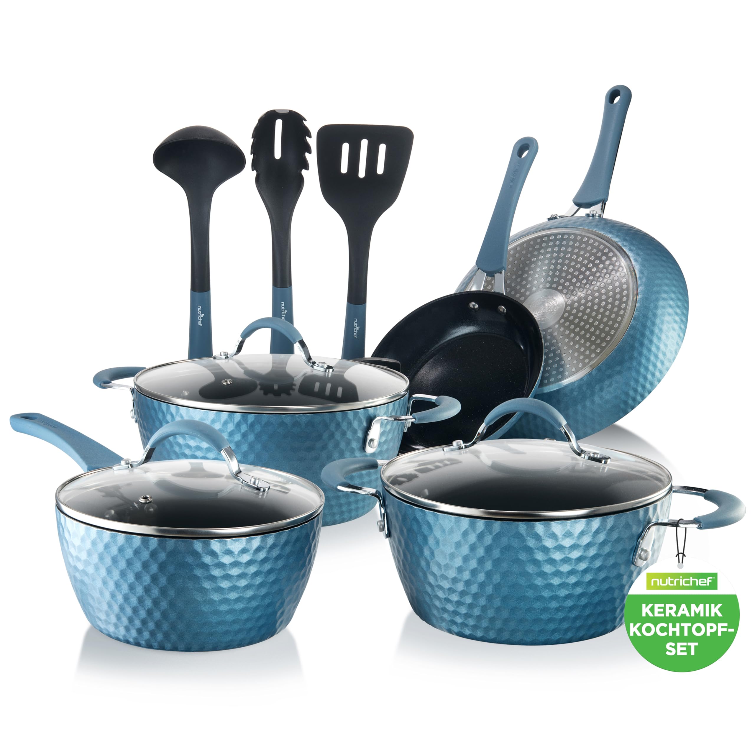 NutriChef Töpfe & Pfannen, 11 Teiliges- Topf und Pfannenset, Inkl. Küchenlöffel, Keramik Antihaftbeschichtet, Für alle Herdarten inkl. Induktion, Ideal für Familien & Single-Haushalte