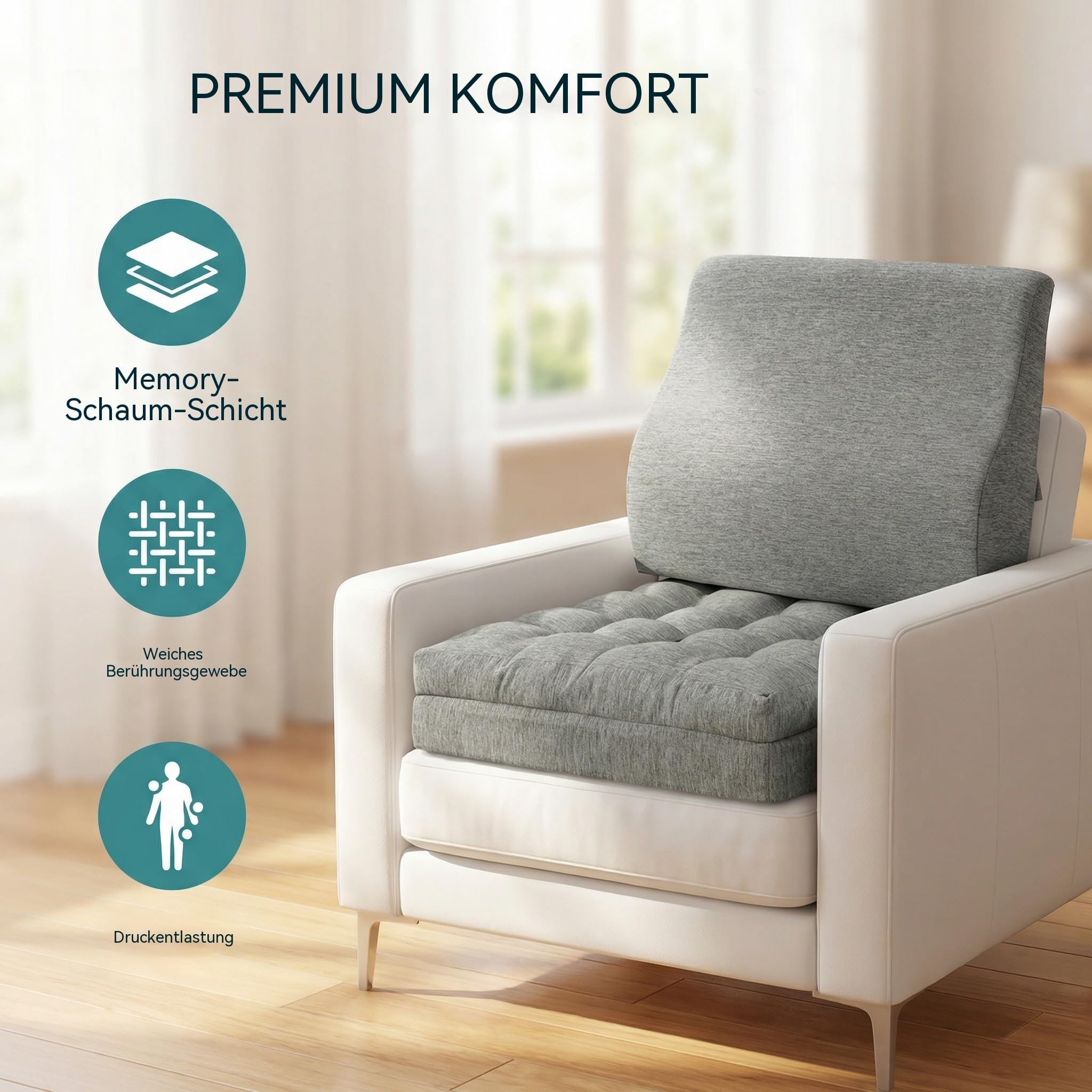 Shinnwa Memory Foam Fernsehsessel Sitzkissen mit Rückenkissen für ältere Menschen, 50x50x12.7CM Dual Layer Sitzerhöhung Rutschfestes Sitzkissen für Sofa, Grau