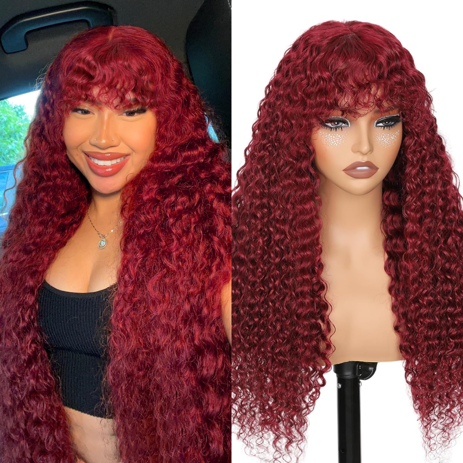 Amazon.com : JuneMet 99J Burgundy Curly Wig with Bangs Human  display picture 1