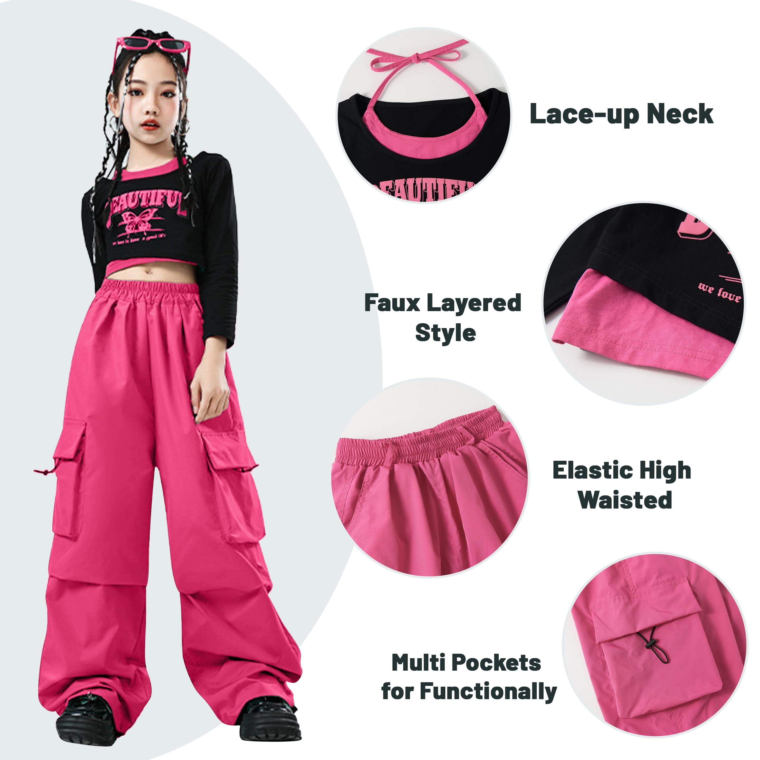 LOLANTA Ensemble Hip Hop Fille, Haut Court Imprimé & Pantalon Cargo, Tenue de Danse Tendance, Streetwear