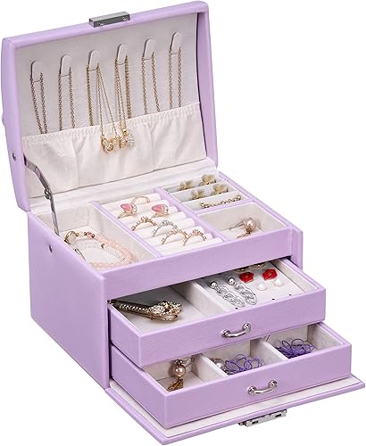 Miniatura 2 de BEWISHOME Joyero para adolescentes caja organizadora de joyas de 3 capas con cerradura estuche de viaje de joyería para mujeres y niñas cajas de