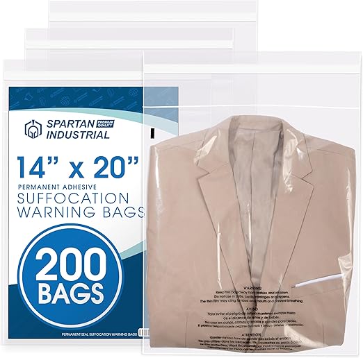 Spartan Industrial - 14” X 20” (200 Count) Self Seal Clear Poly Bags with Suffocation Warning for Packaging, Clothes - Permanent Adhesive