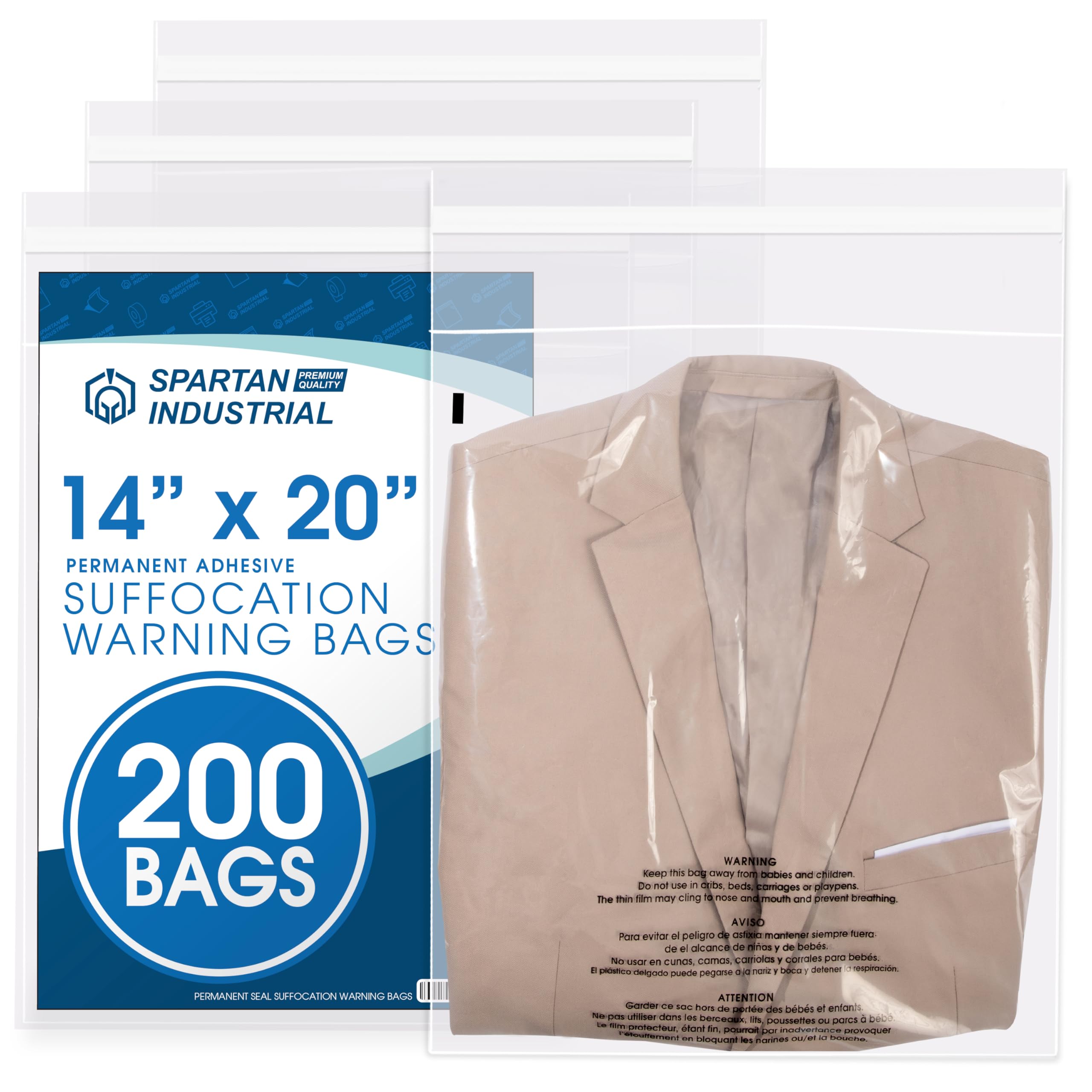 Spartan Industrial - 14” X 20” (200 Count) Self Seal Clear Poly Bags with Suffocation Warning for Packaging, Clothes - Permanent Adhesive