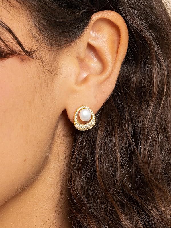 Altitude Boutique Pearl Knocker Earrings in CZ Halo Frame | 8mm Genuine Freshwater Cultured Pearls | 14K Gold-Plated or Rhodium-Plated with CZ Accent | Statement Circle Drop Studs for Women (Gold) by Altitude Boutique - Image 4