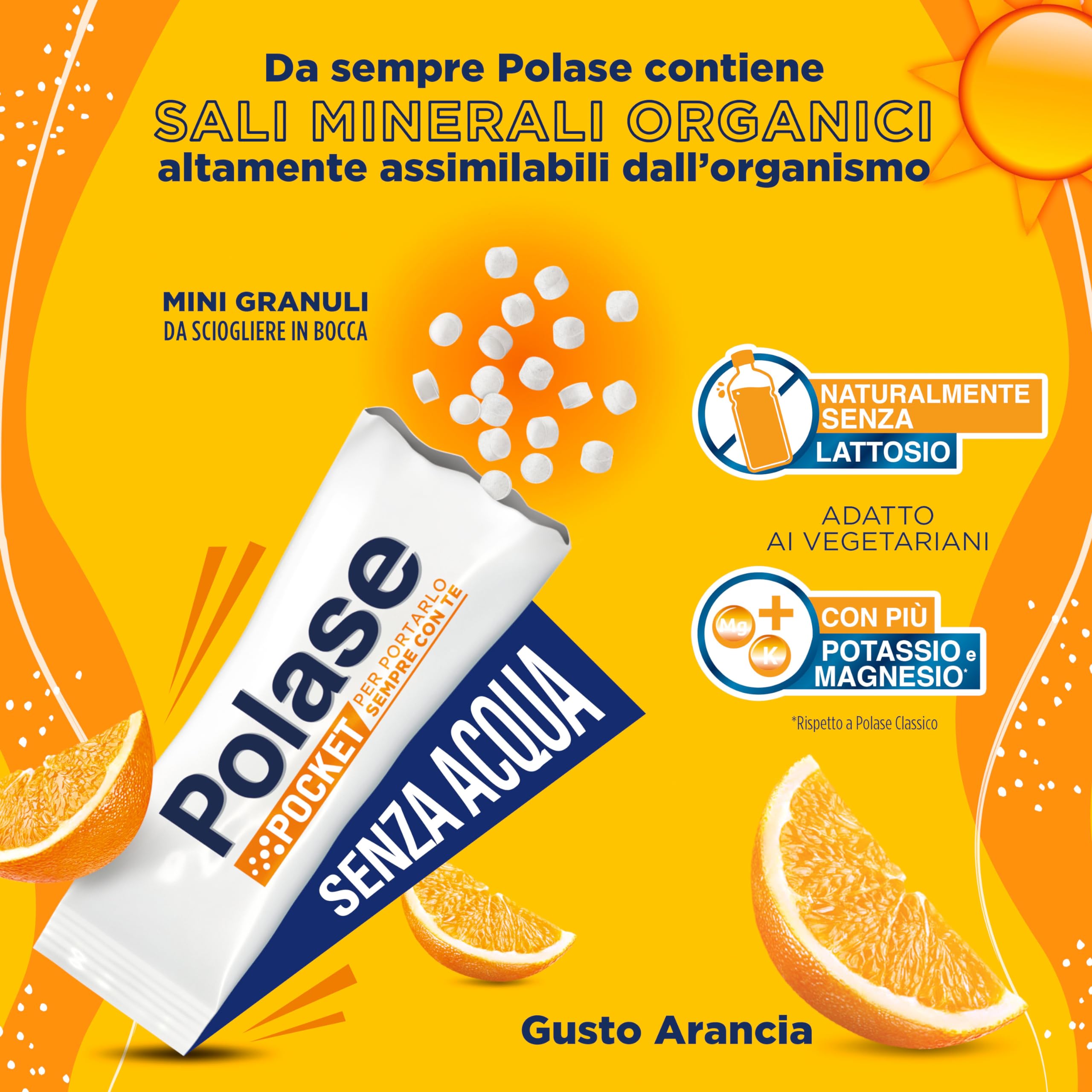 Polase Pocket, Complément alimentaire de magnésium et de potassium à prendre sans eau, contre fatigue et fatigue, chaud, goût orange, 14 bâtons orosolubles