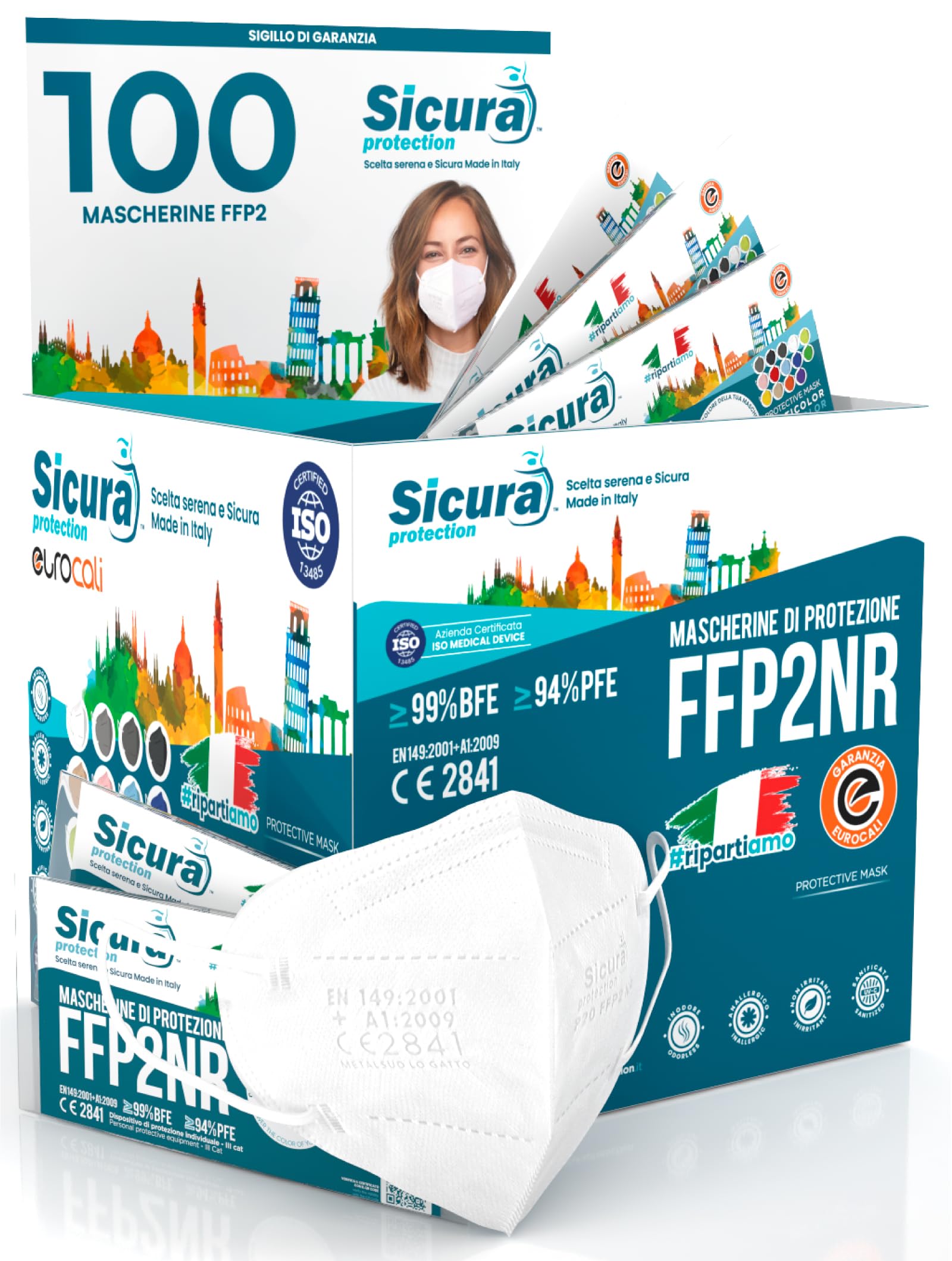 100 Mascherine FFP2 Certificate CE Made in Italy SICURA Protection BFE ≥99% Mascherina ffp2 vera Marcatura EFFETTO PULITO sigillata. EN 149:2001+A1:2009