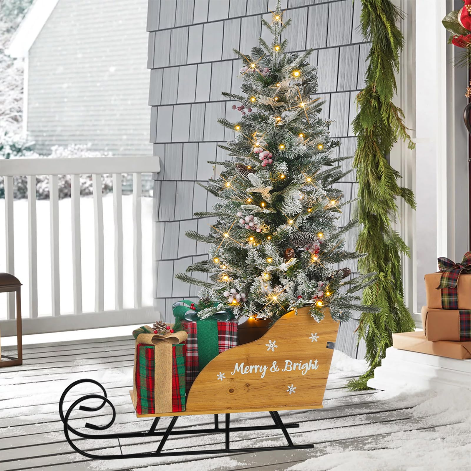 Prelit Christmas Tree with Sleigh 4.3 FT Snow Flocked Artificial Christmas Tree with Gift Box100 Warm White LEDs Battery Powered & 8 Lighting Modes for Xmas Porch Entrance Decorations