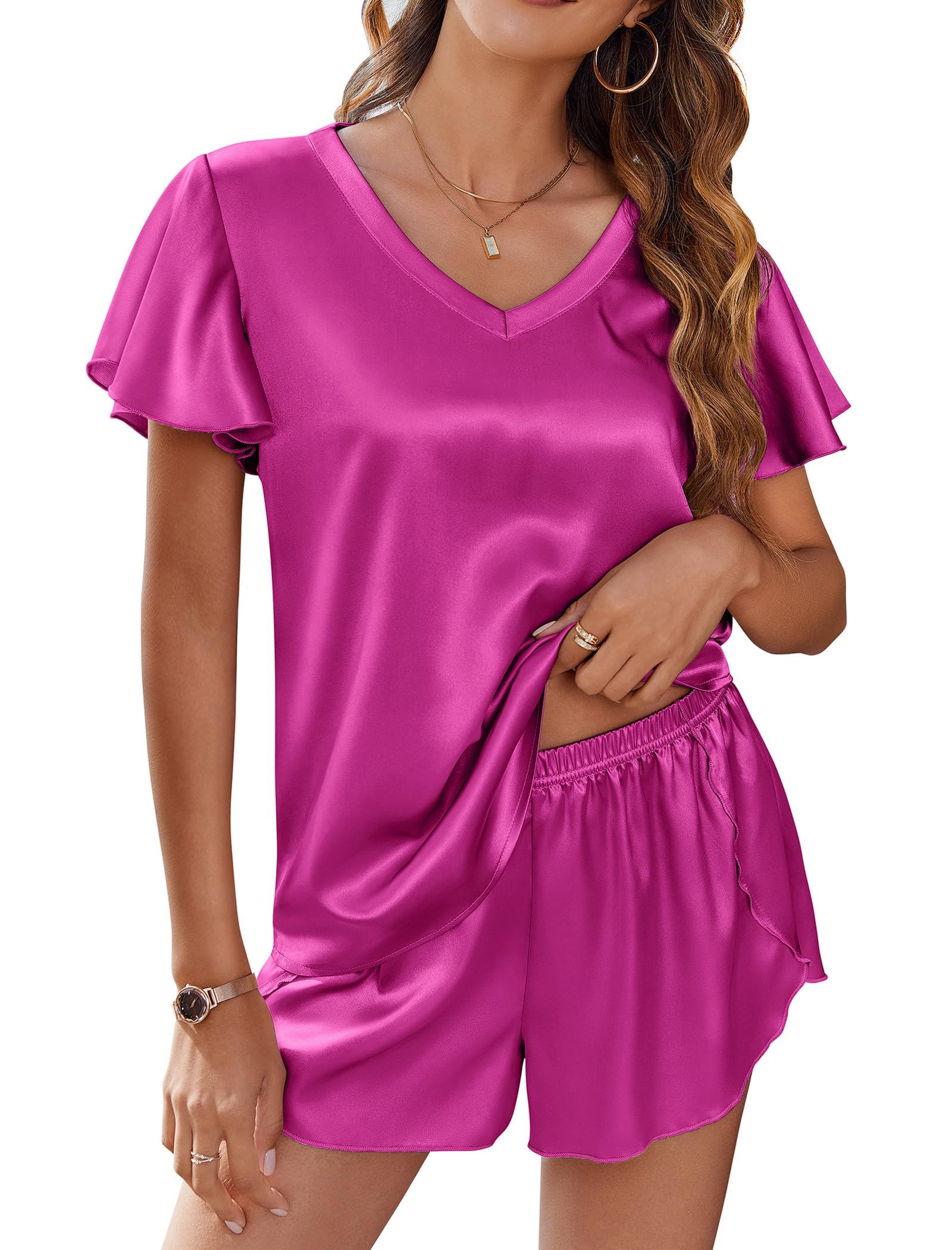 Ekouaer Women Satin Pajamas Set Ruffle Sleeves Silk Pj Set Soft V Neck Sleepwear Loungewear