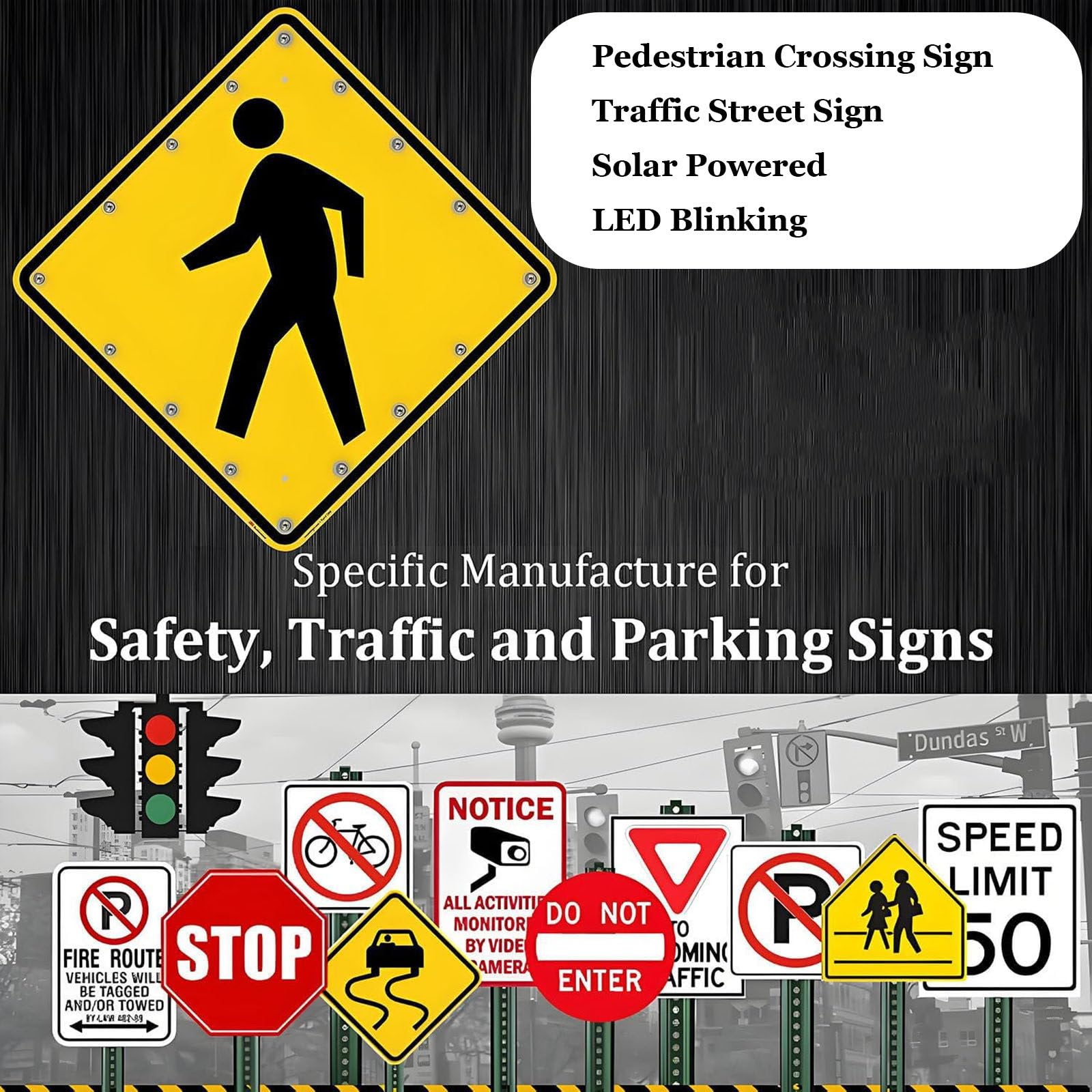 Señal LED solar intermitente para cruce de peatones, señal de advertencia de tráfico vial de aluminio, reflectante de grado de ingeniero, IP65 impermeable, LED de alto brillo para seguridad vial