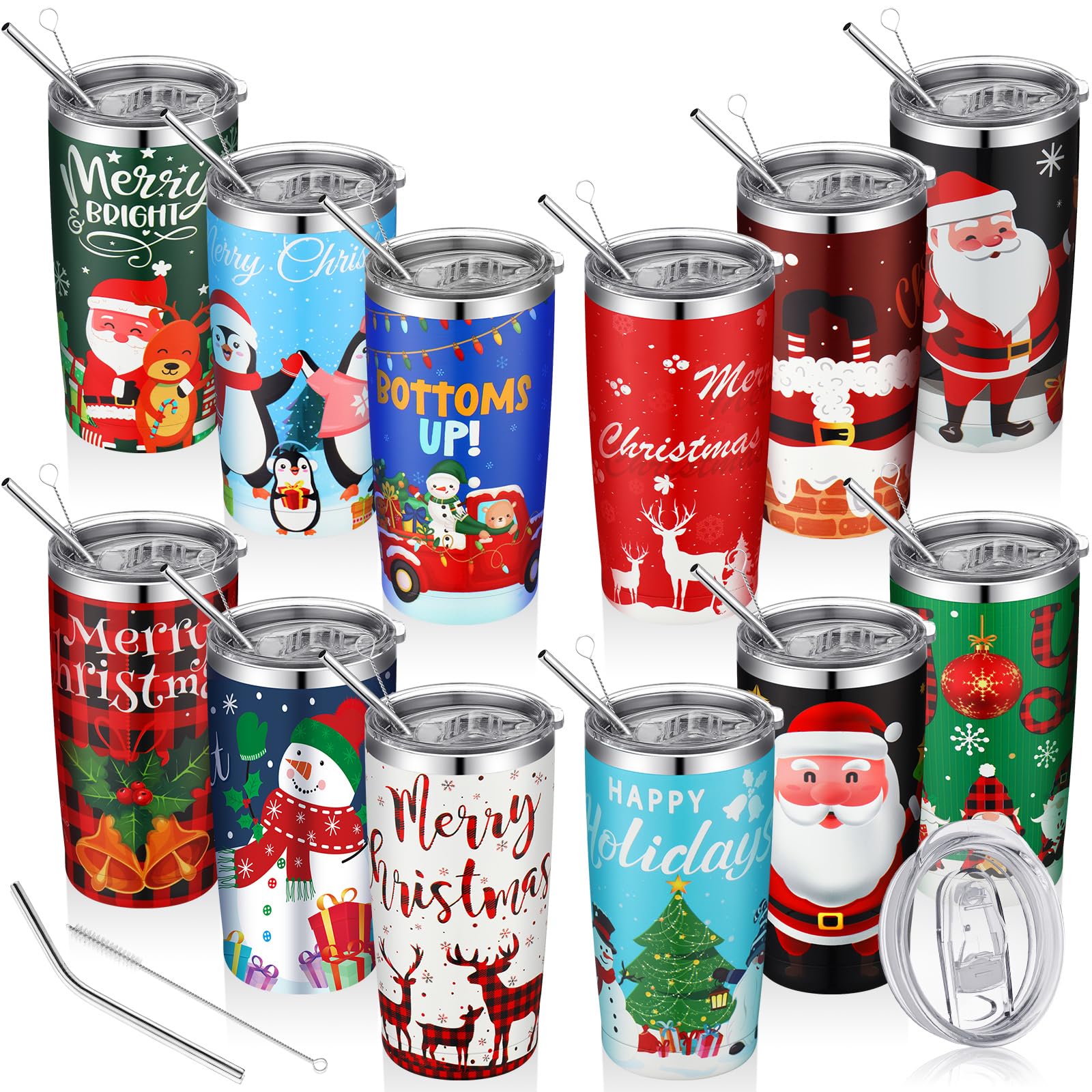 Lemosae 12 Pcs Christmas Tumblers Gifts 20oz Christmas Travel Tumbler Cup Holiday Stainless Steel Insulated Tumbler Coffee Mug with Lid Straw for Xmas Birthday Gift Party Supplies (Santa Claus)