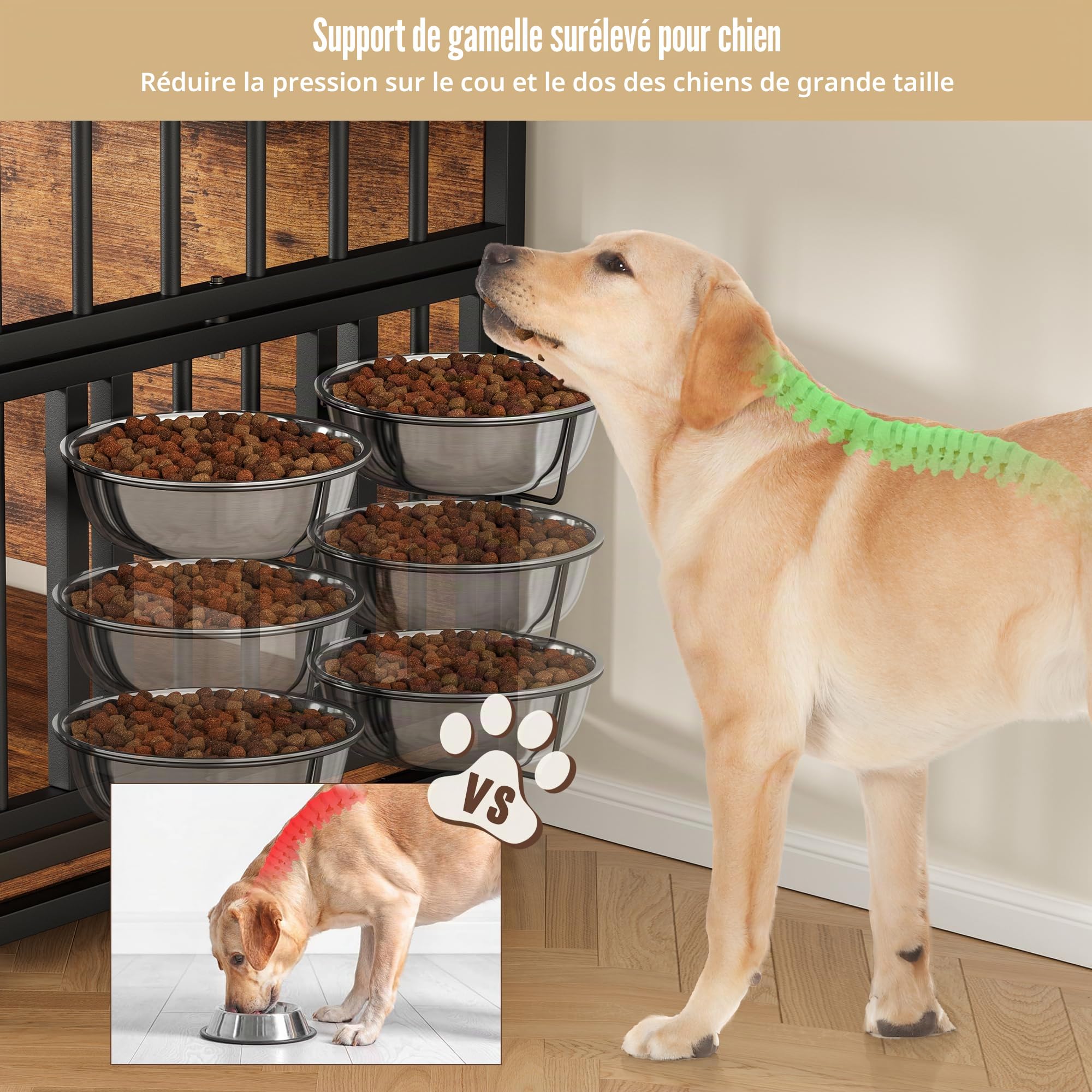 Cage pour chien, meuble pour la maison, 100 x 60 x 85 cm, cage pour chien en bois avec gamelles pivotantes, niche pour chien de style meuble avec espace de rangement pour chiens jusqu'à 35 kg