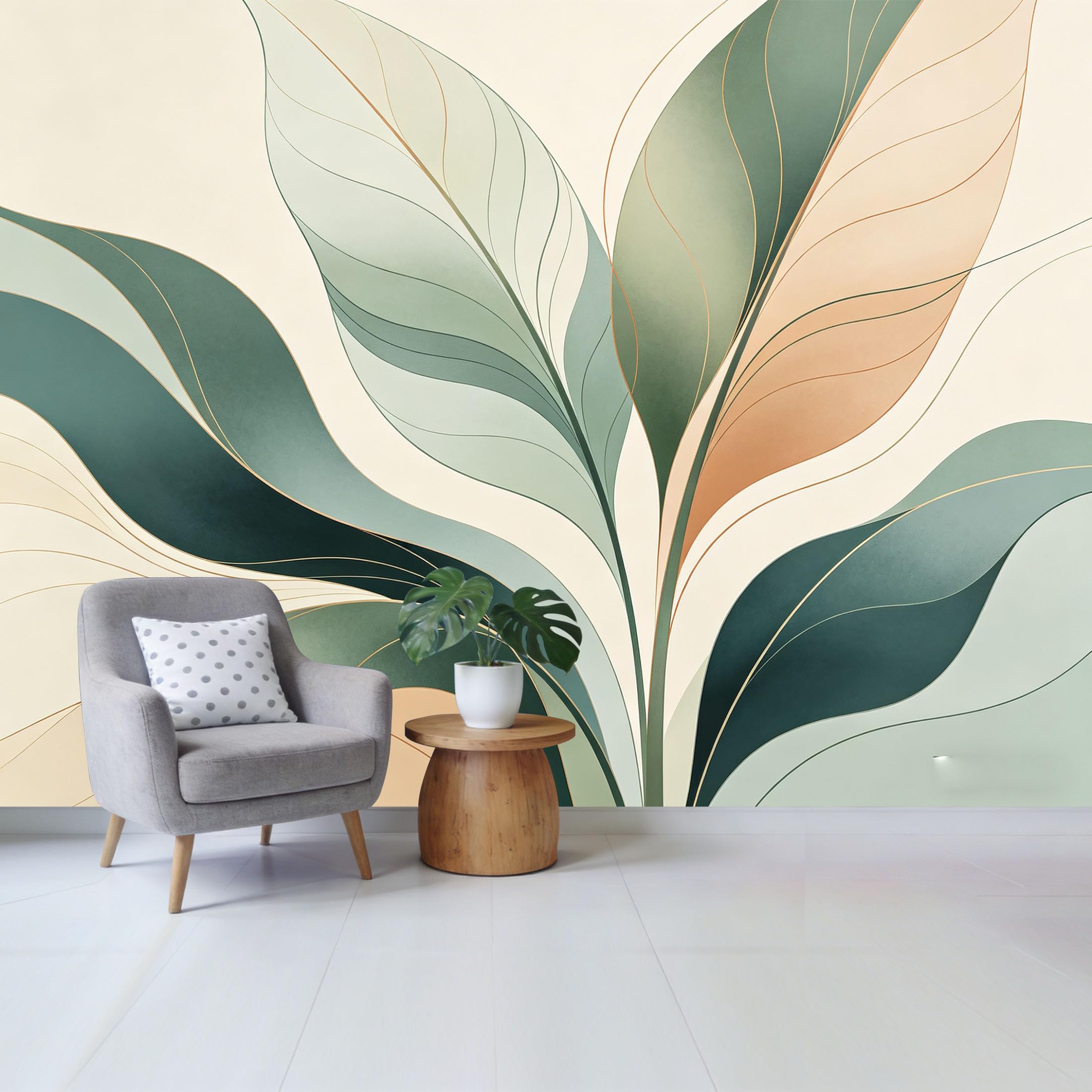 Qzlithotic Yq2605250209 Custom Size Wall Mural Botanical Abstract Line Art Soft Sage Green Leaves Minimalist Style Selfadhesive Wall Fabric Removable Wallpaper For Home Office Decor