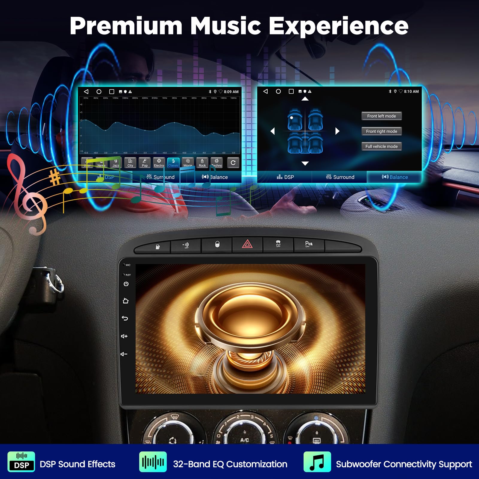 Autoradio Android pour Peugeot 308 408 2007–2015, CarPlay Android Auto sans Fil, Écran Tactile 1080P, DSP GPS WiFi, 2+64G Plug & Play Upgrade Radio avec caméra de recul