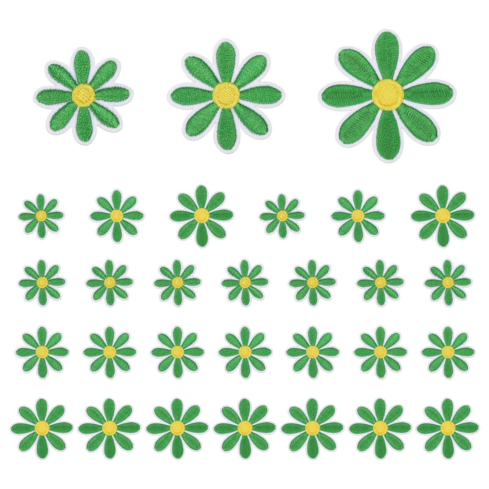 sourcing map 30 Pcs Daisy Flower Iron-on Patches, 3 Sizes 6.5/4.5/3cm Cute Sew Embroidery Applique Patches for Clothing Repair Backpack Shoes Decoration, Green