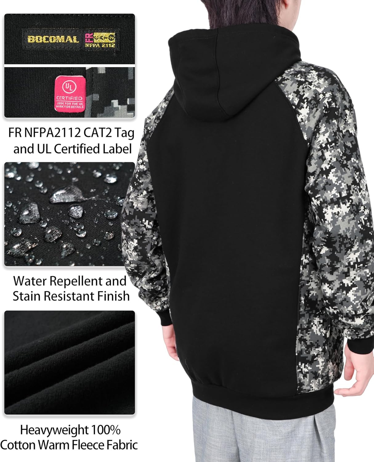 BOCOMAL FR Hoodies 12oz Heavyweight Cotton Fleece Pullover Camouflag Flame Resistant Hooded Sweatshirts - Image 3