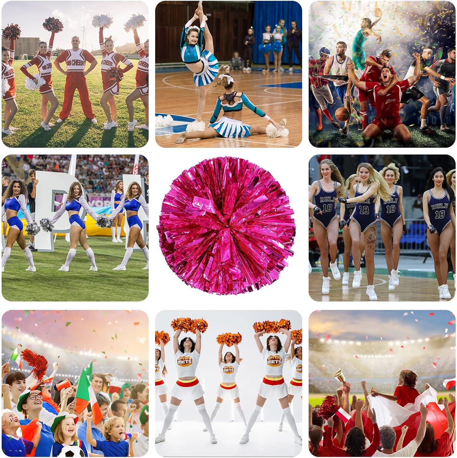12 PCS Cheerleading Poms, Cheerleader Pompoms Hand Flowers,For Dancing, Cheerleading, Sports Parties Metallic Foil Pompoms (Pink)