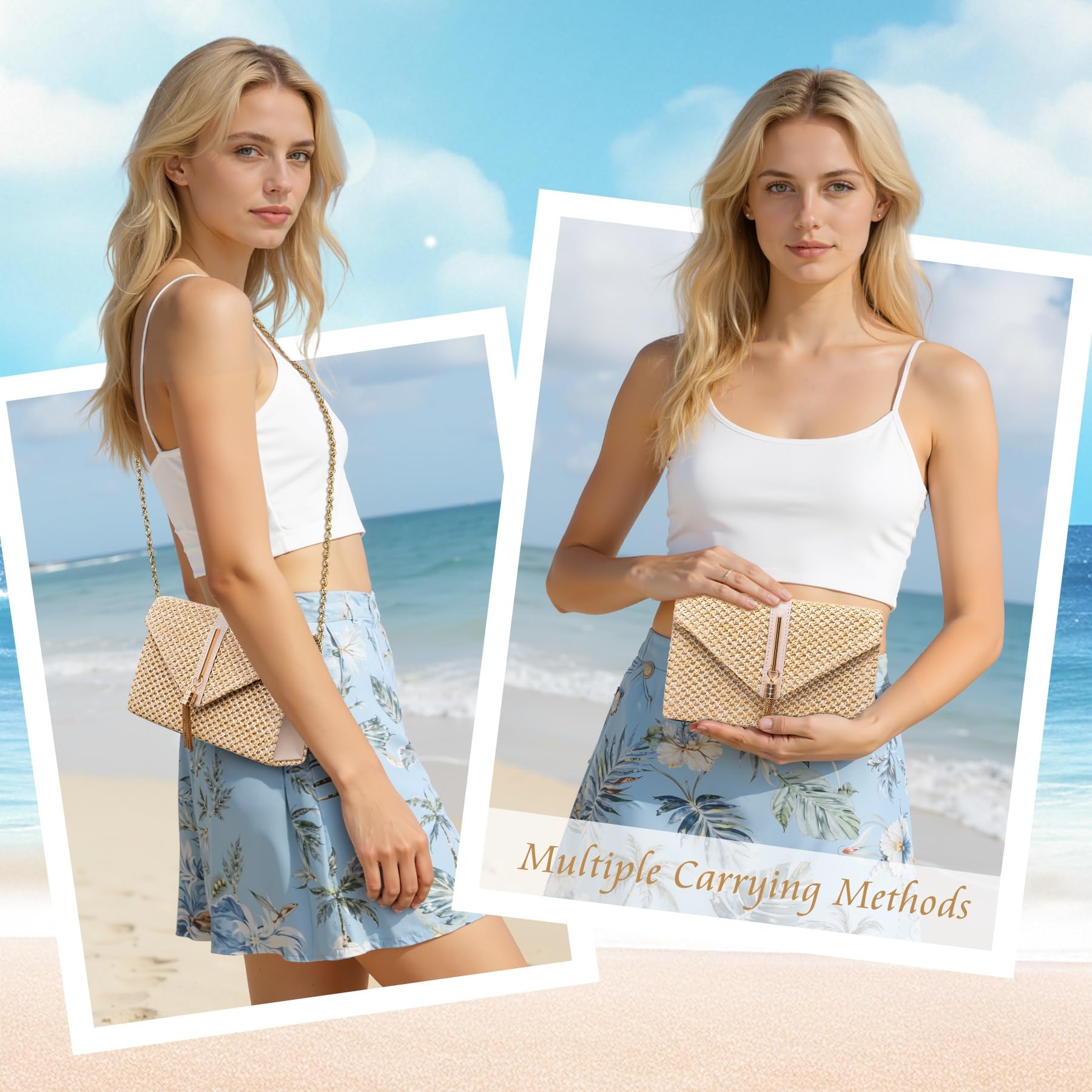 Larcenciel Bolso Mujer Paja, Bolsos Mujer Borlas Verano Playa con Cadena Desmontable, Elegante Boho Sobre Rafia Clutch Fiesta, Casuale Bandolera Cartera de Mano para Bodas Vacaciones, 21.7x5.5x13.5CM