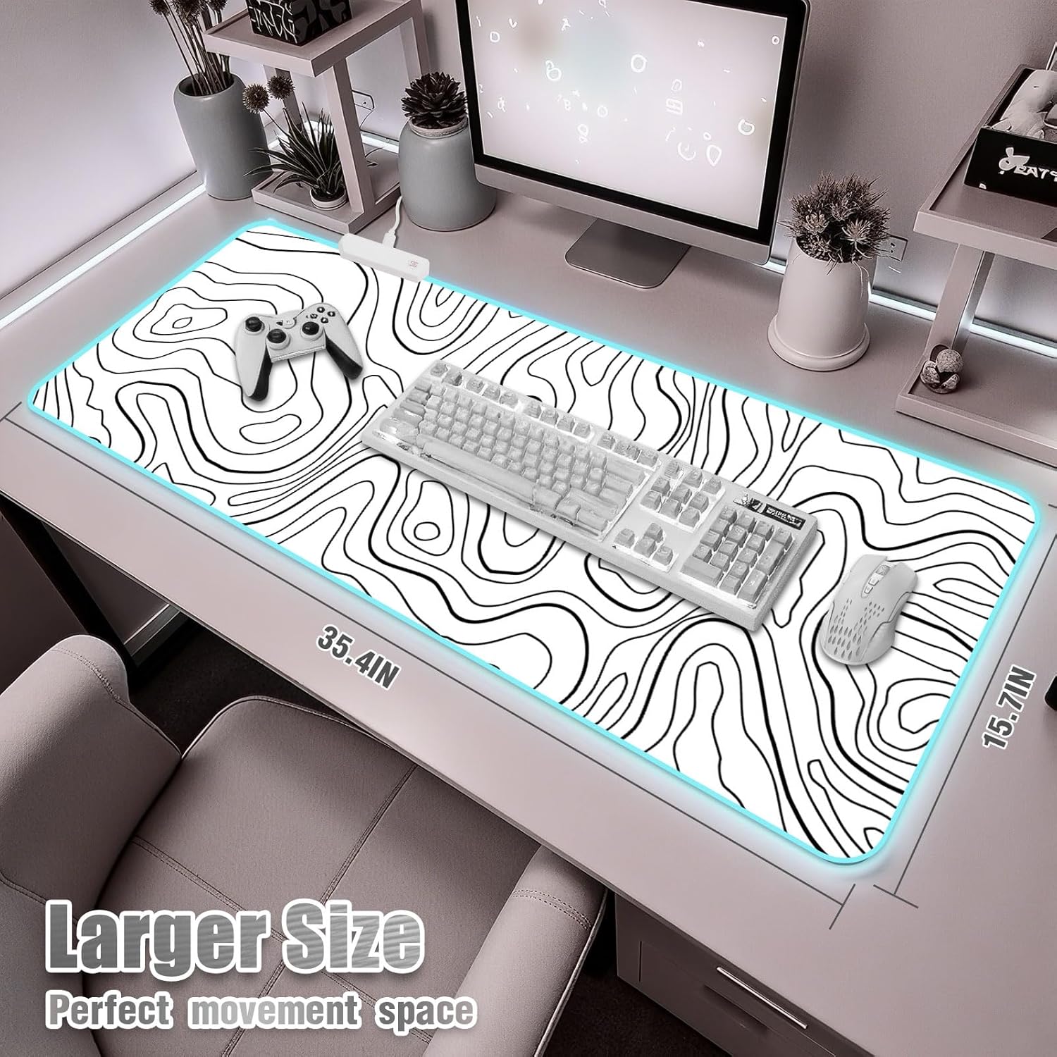 RGB Mouse Pad for Gaming I Large Mousepad with 14 Led Modes I Keyboard Pad Gaming Desk Mat I Non-Slip Rubber Base Mouse Mat I 900x400x4mm Waterproof Mousepad for Gamer I Cool White Line - Image 5