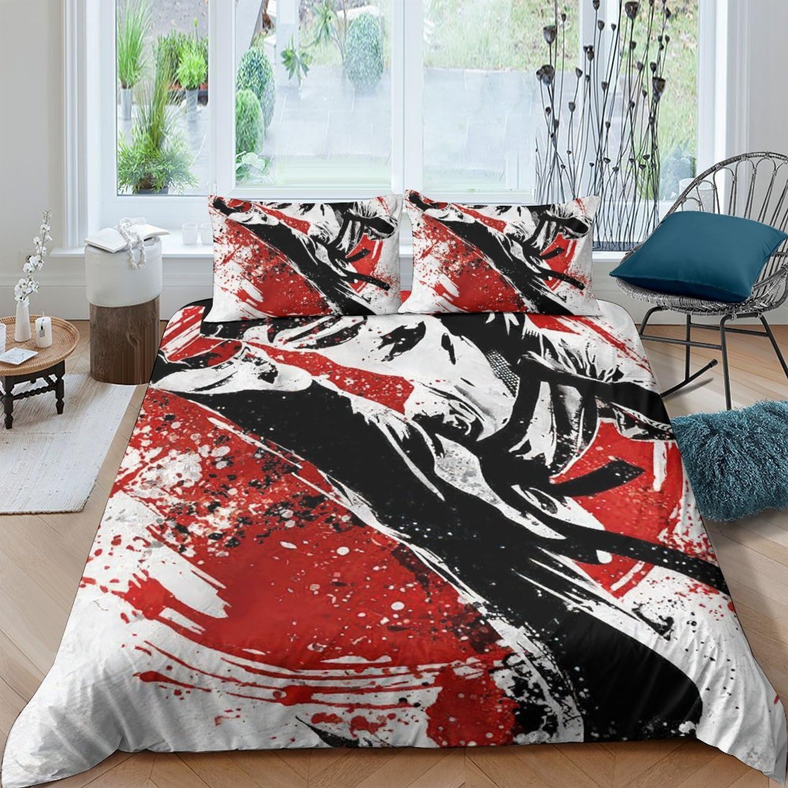 GPLZQXKJNH 3D Printed Red Black Abstract Duvet Cover Microfiber Breathable Splash Bedding Set with 2 Pillowcases for Bedroom Decor Single（135x200cm）