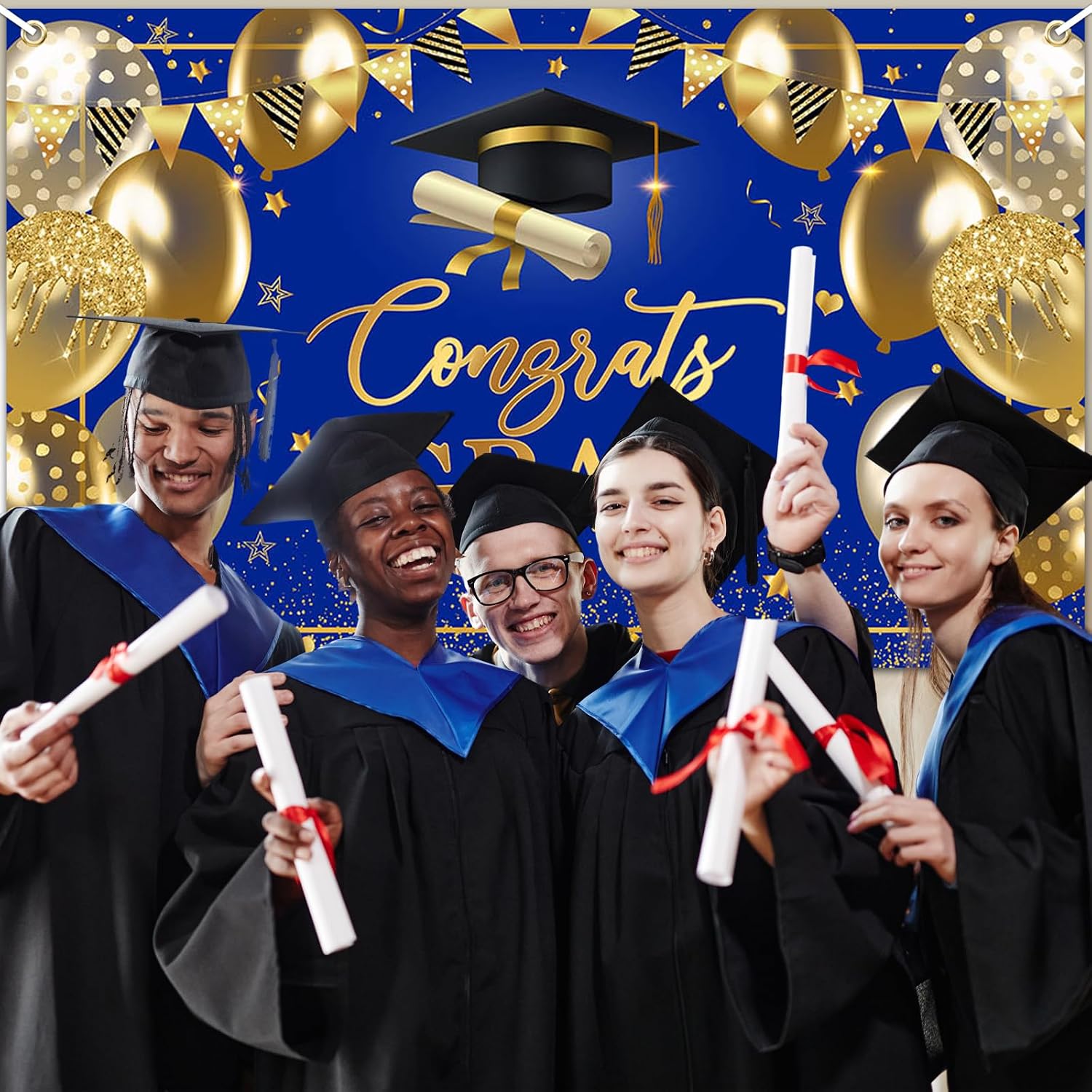 Avezano Graduation Banner Congrats Grad Class of 2026 Backdrop Blue Gold Congratulation Graduates Backdrop for 2026 Grad Party Decorations High School College Prom Graduation Background 6x3.6 ft