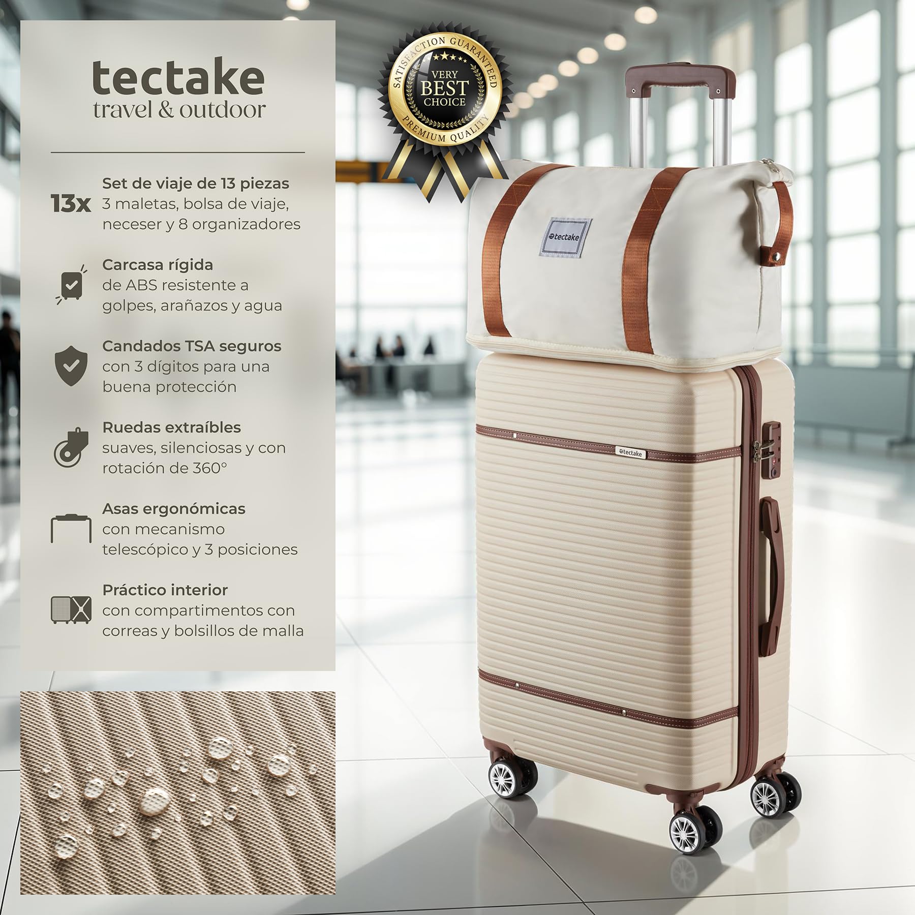 tectake® Juego de Maletas de 13 Piezas, Maleta Grande, Mediana y de Mano, Maletas de Viaje en ABS e Imitación Cuero, Cerradura TSA, Ruedas 360°, Set de Maletas Apilables, Accesorios Viaje - Crema