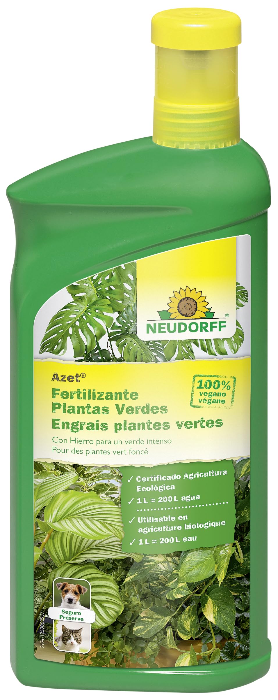 Neudorff Azet Fertilizante Plantas Verdes – Abono líquido 100% vegano para un crecimiento rápido y hojas de color verde intenso de todas las plantas verdes y palmeras, 1 Liter