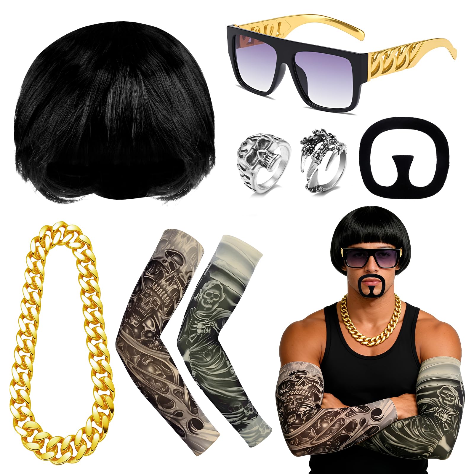 Athora 7Pcs Final Boss Costume Set for Adults, Bowl Cut Wig, Sunglasses, Fake Mustache, Necklace, Tattoo Sleeve,90s Meme Cosplay Ibiza Outfit, for Music Festivals Halloween Rave Party