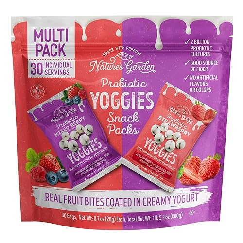 Nature's Garden Probiotic Yoggies Multi Pack, 21oz (Strawberry Yoggies 15x0.7 oz +Mixed Berry Yoggies 15x0.7 oz), Strawberry and Mixed Berry Yogurt Covered Snack, High Fiber, Real Fruit Pieces, No Artificial Ingredients, Healthy Snack for Adults - 0.7 Ounce (Pack of 30)