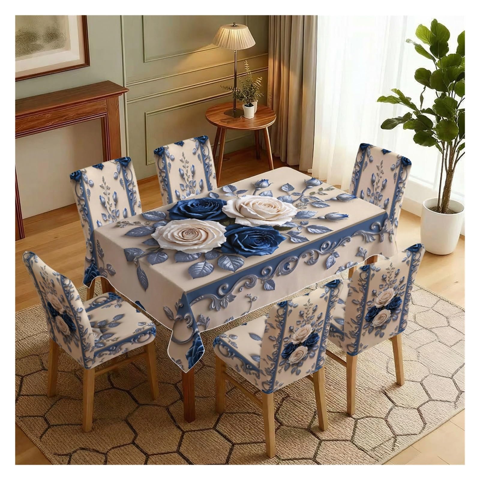 KXUAUV Baroque Blue & White Rose Floral Tablecloth And Chair Covers Set, Stretch Slipcovers For Elegant Dining Room Banquet Wedding Decor, 5/7 Pack Party Decor(7pcs Set: Tablecloth+Chair Covers)